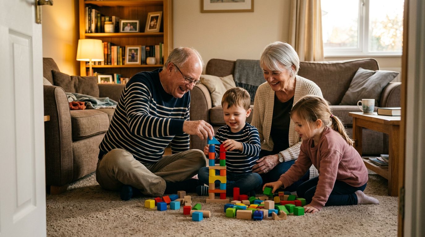 Happy grandparents playing with grandchildren in their living room