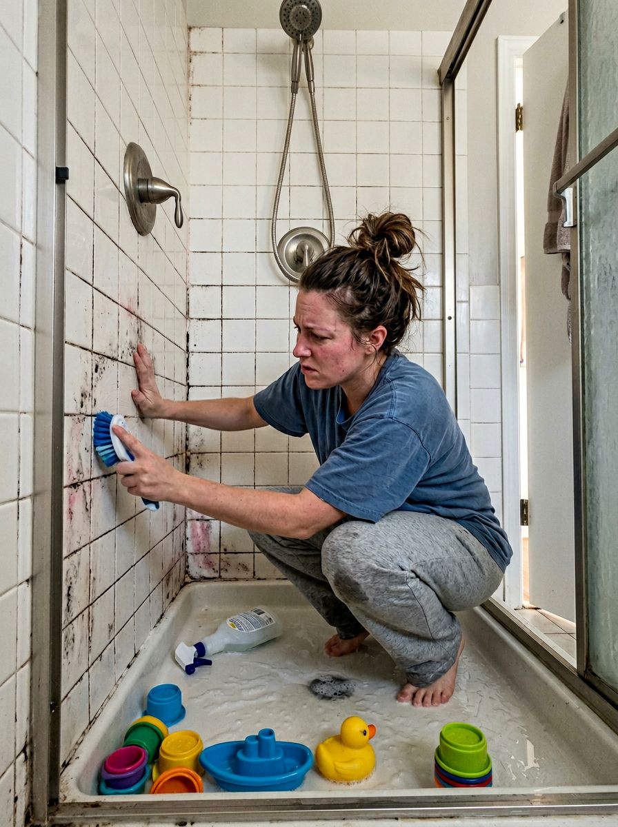 Tired woman scrubbing shower tile grout in exhaustion