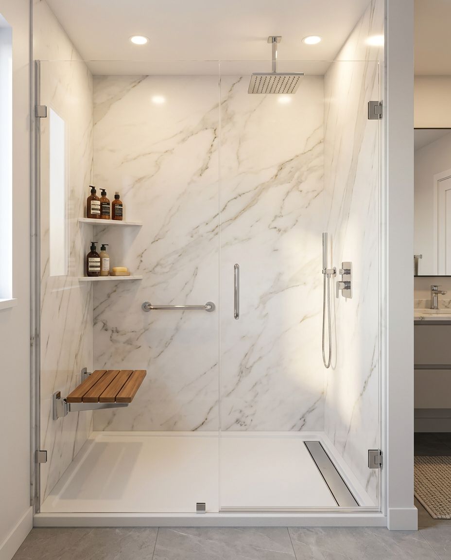 After: stunning walk-in shower with ONYX marble panels